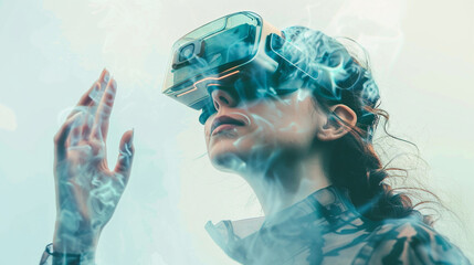 Woman touching air in VR glasses. Metaverse future technology concept. 