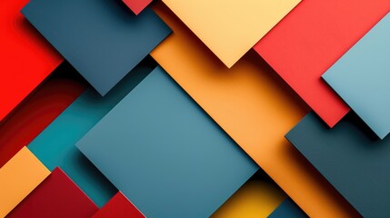 Overlapping geometric shapes in red, blue, yellow, and teal with a modern design