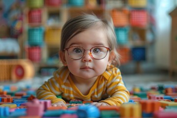 Fototapeta premium Portrait of a toddler girl with glasses playing with colorful building blocks.