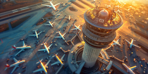 aerial view of airport control tower background, top view, banner - obrazy, fototapety, plakaty