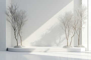 A minimalist podium with sleek, slender trees standing against a clean