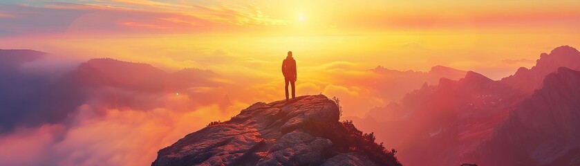 Solitary Hiker Enjoys the Warm Glow of Sunset on a Mountain, Offering a Moment of Zen-like Calm ignites ambition goals set on horizons of achievement - obrazy, fototapety, plakaty