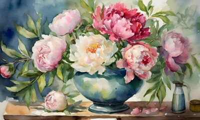 watercolor peonies. a romantic watercolor illustration painting capturing a bouquet of peonies. suitable for decoration wedding, wall decoration, etc. generative AI technology