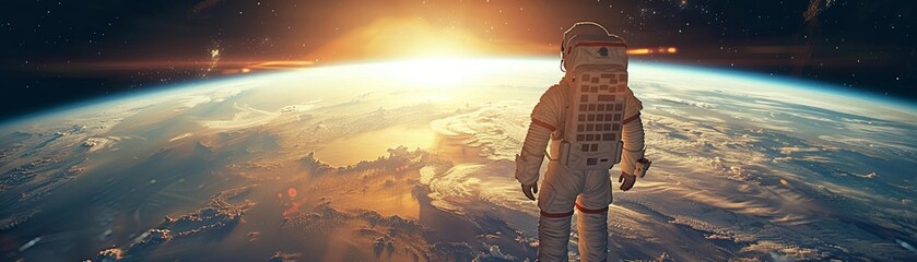 Astronaut Stands at the Edge of Earth's Atmosphere, Gazing at the Sun Rising Over the Horizon - obrazy, fototapety, plakaty
