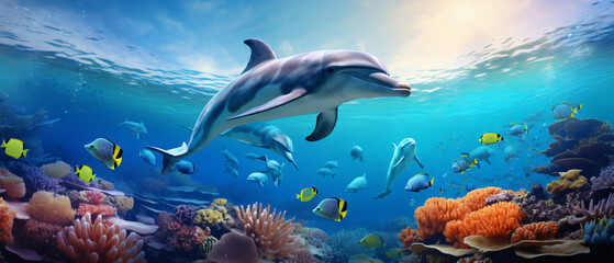 Fototapeta na wymiar Dolphins swimming in the sea marine life underwater