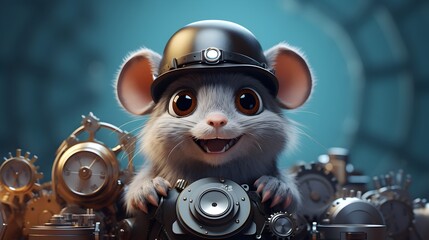A cartoon mouse wearing a hard hat and smiling - obrazy, fototapety, plakaty