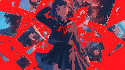 Deurstickers school uniform anime girl in the middle, memory expression background © Adja Atmaja