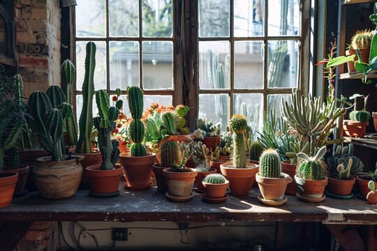 Cacti in pots on the window.