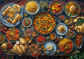 Table adorned with enticing array of dishes during Ramadan. Food provides essential vitamins and hydration to revitalize body during traditional sawn