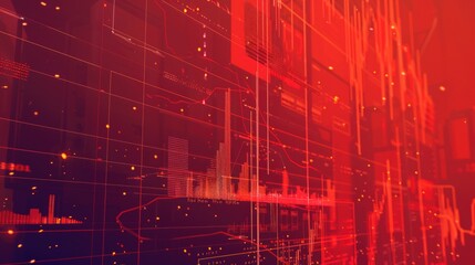 Digital financial analytics display with glowing red graphs and world map.