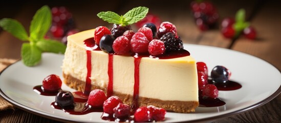 A delicious slice of cheesecake with fresh Frutti di bosco berries on a pristine white plate showcasing natural foods and ingredients in a mouthwatering dessert