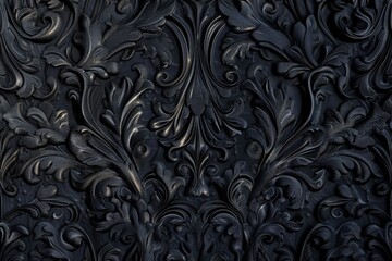 Baroque style 3D wallpaper design with gold and black floral patterns. - obrazy, fototapety, plakaty