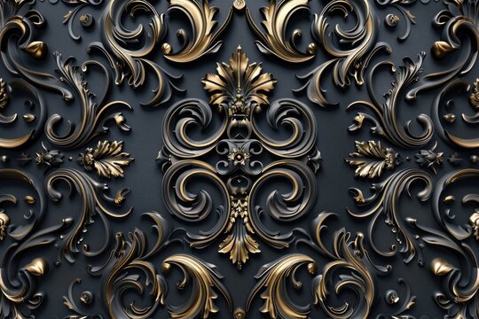Baroque style 3D wallpaper design with gold and black floral patterns.