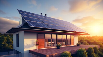 A modern house with a solar panel installation on the roof at sunset, depicting sustainable living and renewable energy solutions - obrazy, fototapety, plakaty