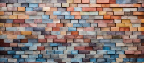 A detailed closeup of a vibrant brick wall showcasing the intricate patterns and symmetry of the brickwork. The texture and colors resemble a piece of textile art