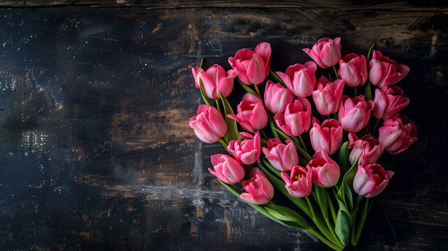Pink Tulips Flowers on rustic table for International Womens Day, Birthday , Valentines Day or Mother day, copy space
