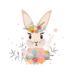 Vector illustration. Happy Easter. Postcard with cute Easter bunny, eggs, spring flowers in pastel colors isolated on white background.