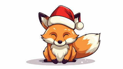 Hand drawn flat color of a fox wearing santa hat 