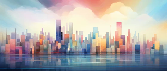 Gordijnen Dreamlike Geometric Cityscape in Pastel Colors  © Ashley