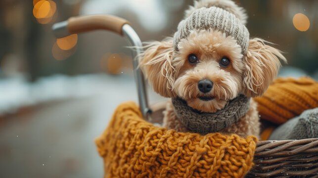 Dog in bicycle basket wearing knitted sweater. Pet travel and autumn concept.