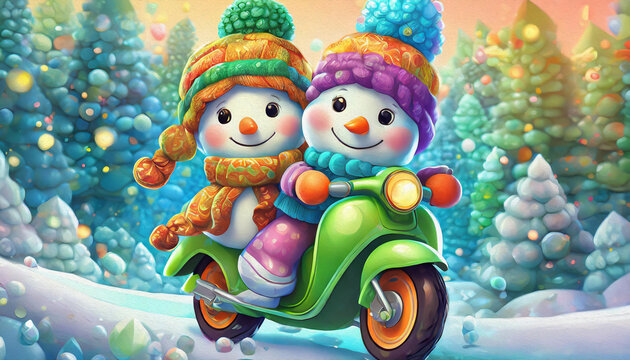 CARTOON CHARACTER CUTE baby happy snowmen ride Stylish green cross motorcycle 