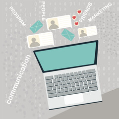 Vector flt illustration laptop top view, social network symbols, communication, interconnection, networking, email, letters, finance, economics, marketing.