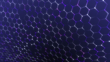 Technology background. Honeycomb concept. Big data. Hexagonal space with connected dots and lines. 3d