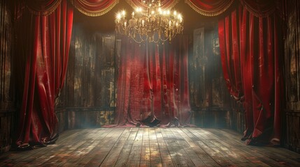 A stage with a chandelier and red curtains.