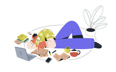 Author at creative work. Inspired man writer, copywriter writing texts with papers and laptop on floor. Creativity, inspiration concept. Flat graphic vector illustration isolated on white background