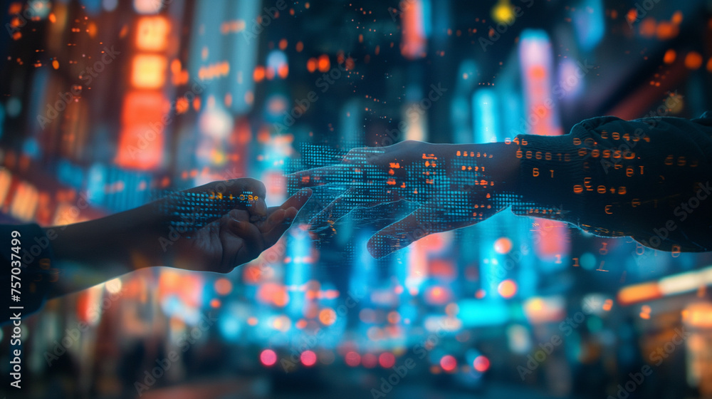 Poster A close-up on hands exchanging digital currency, surrounded by floating holographic screens showing real-time financial data.