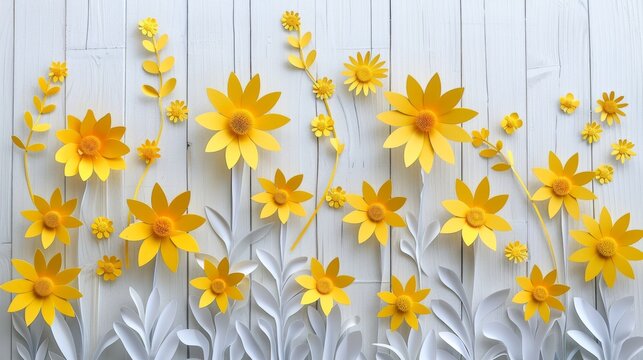 Paper cut yellow flowers on white wood