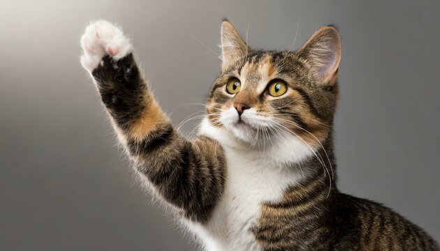 Feline Friendship: Isolated Image of Cat Giving High Five on White Background