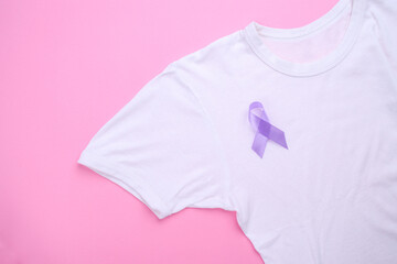 Purple ribbon on white t-shirt for Epilepsy Awareness and World Cancer Day