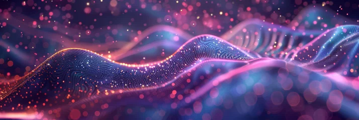 Poster Fractale golven 3D render abstract futuristic background with waves   purple and blue glowing particles and dots, Wavy pattern of metallic mesh texture. geometry shapes data connetion tranfer.banner