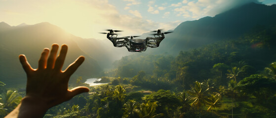 Drone technology landing in human hand in nature ponorama - obrazy, fototapety, plakaty