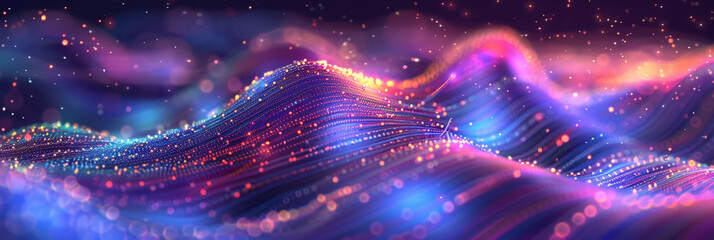 3D render abstract futuristic background with waves   purple and blue glowing particles and dots, Wavy pattern of metallic mesh texture. geometry shapes data connetion tranfer.banner - obrazy, fototapety, plakaty
