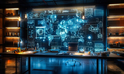 Futuristic concept room with holographic projection of technical blueprints and schematics across an interactive workspace, depicting innovation and advanced technology in design and engineering