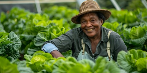 Aging African American woman joyfully caring for crops in a farm field. Concept Agriculture, Farming, African American Woman, Crops, Joyful Activity