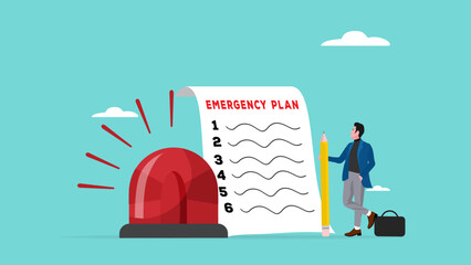 business emergency action plan with businessman holding pencil standing next to siren and emergency plan list paper, emergency action plan, emergency action plan when business disaster occurs