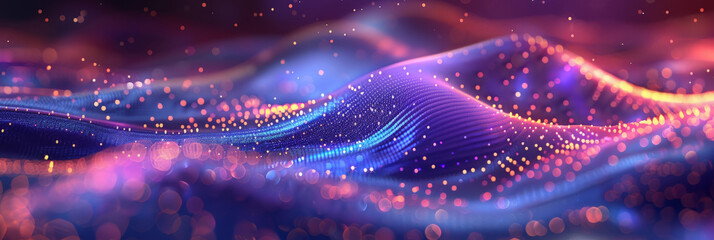 3D render abstract futuristic background with waves   purple and blue glowing particles and dots, Wavy pattern of metallic mesh texture. geometry shapes data connetion tranfer.banner - obrazy, fototapety, plakaty