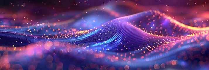 Wandcirkels aluminium 3D render abstract futuristic background with waves   purple and blue glowing particles and dots, Wavy pattern of metallic mesh texture. geometry shapes data connetion tranfer.banner © Nice Seven