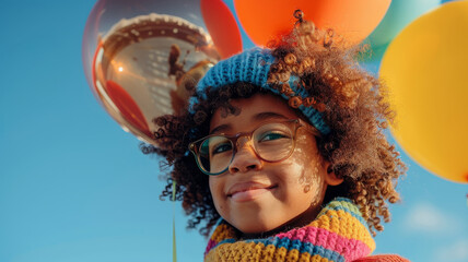 A young girl with balloons smiling.