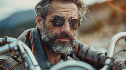 Man on a motorcycle wearing sunglasses. - Powered by Adobe