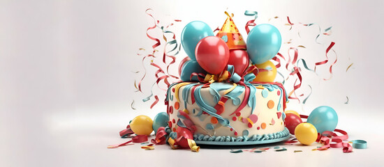 Birthday cake with balloons and ribbons 3d render on white background., perfect for customizable greetings generative by ai.
