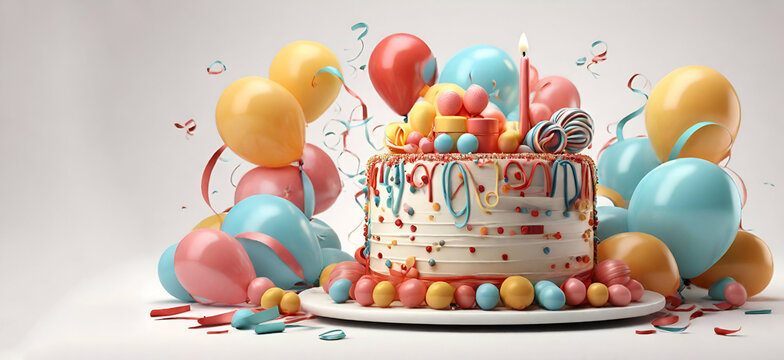 Birthday cake with balloons and ribbons 3d render on white background., perfect for customizable greetings generative by ai.
