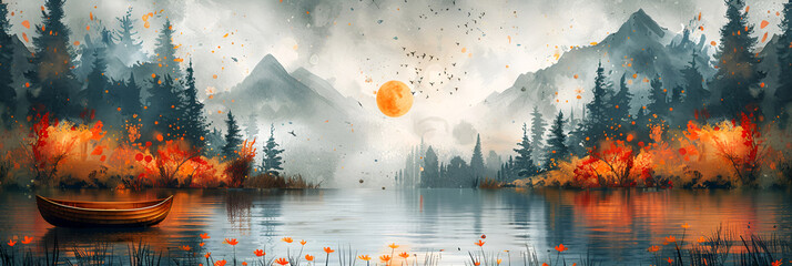 Spring card with a landscape for the holiday of the vernal equinox, showing awakened nature. Banner suitable for design.