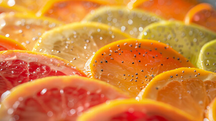 Slices of citrus fruits arranged closely