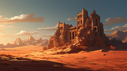 An ancient ruin in a desert landscape