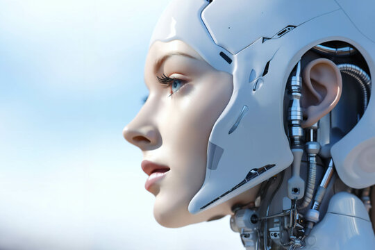 gynoid, humanoid robot android hybrid with a female face, with a plastic helmet and biomechanical elements around the head, abstract light sky background, cyber future, robotics concept