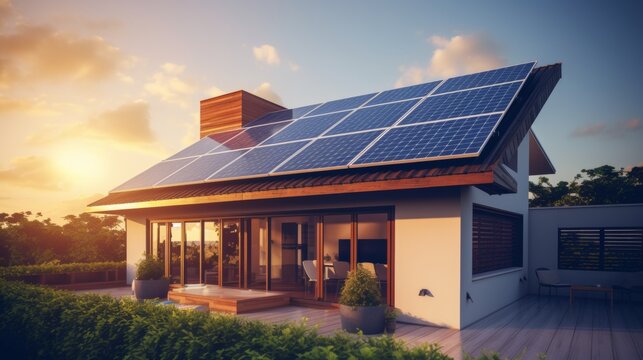 A modern house with a solar panel installation on the roof at sunset, depicting sustainable living and renewable energy solutions